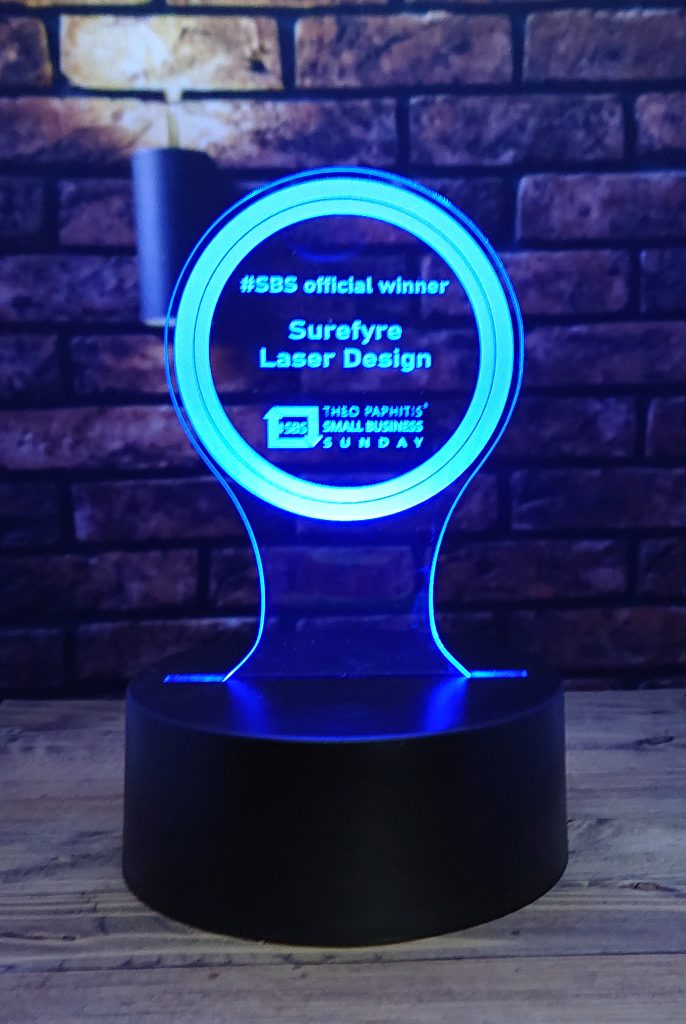 Our Theo Paphitis SBS badge in illuminated acrylic