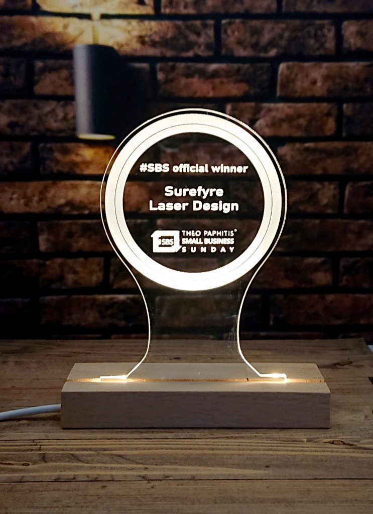 Illuminated acrylic SBS Winners badge